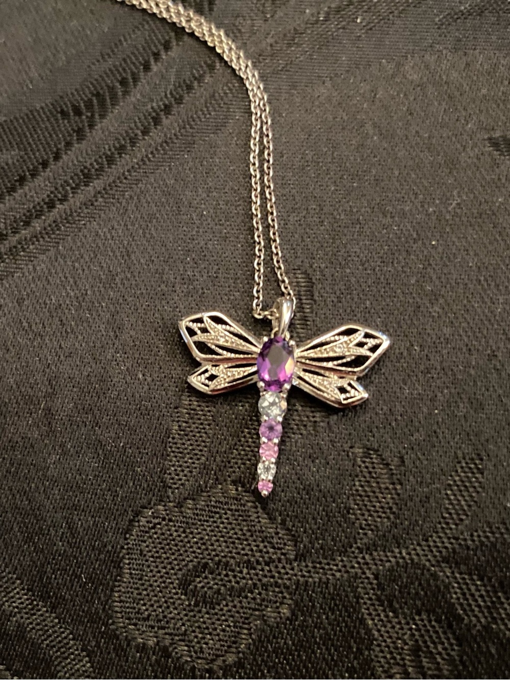 Amethyst Dragonfly Pendant Necklace - Sterling Silver With 16” Chain